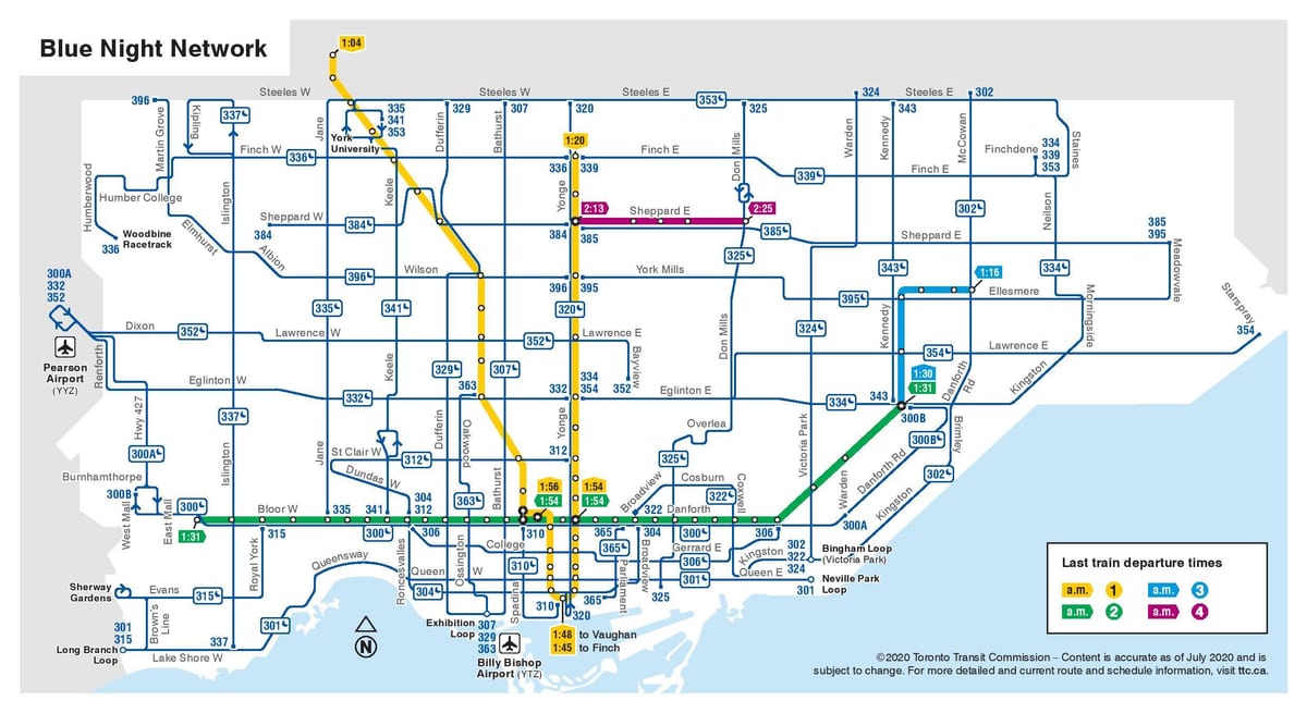 mapa noční autobus Toronto